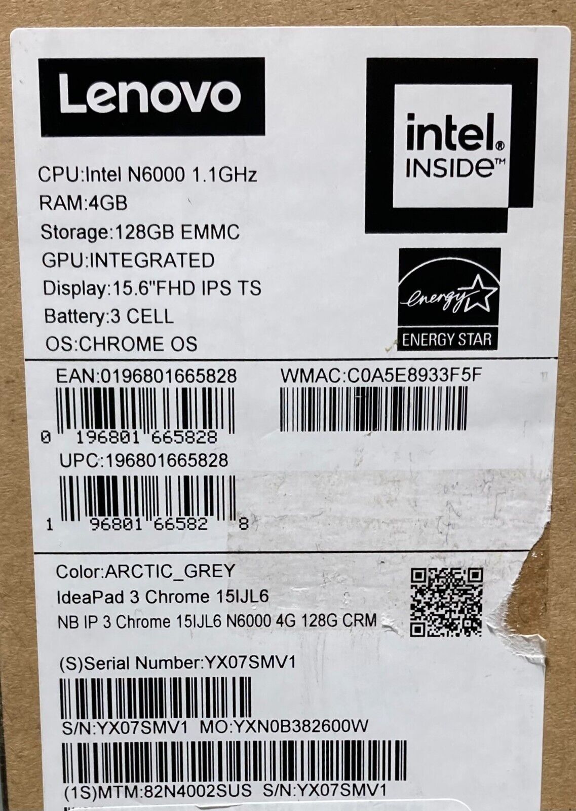 Lenovo IdeaPad 3 15.6" Touchscreen Chromebook 82N4002SUS - Gray - Open Box